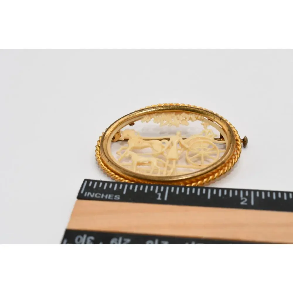 Vintage Celluloid Horse Carriage Scene Brooch Gold Tone Oval Frame